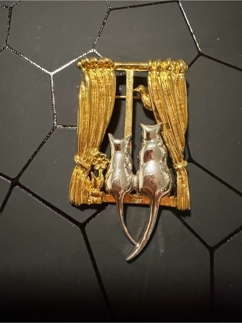 Vintage Liz Claiborne LCI Cats Mixed Metal Brooch Lapel Pin Window, Bird, Flower